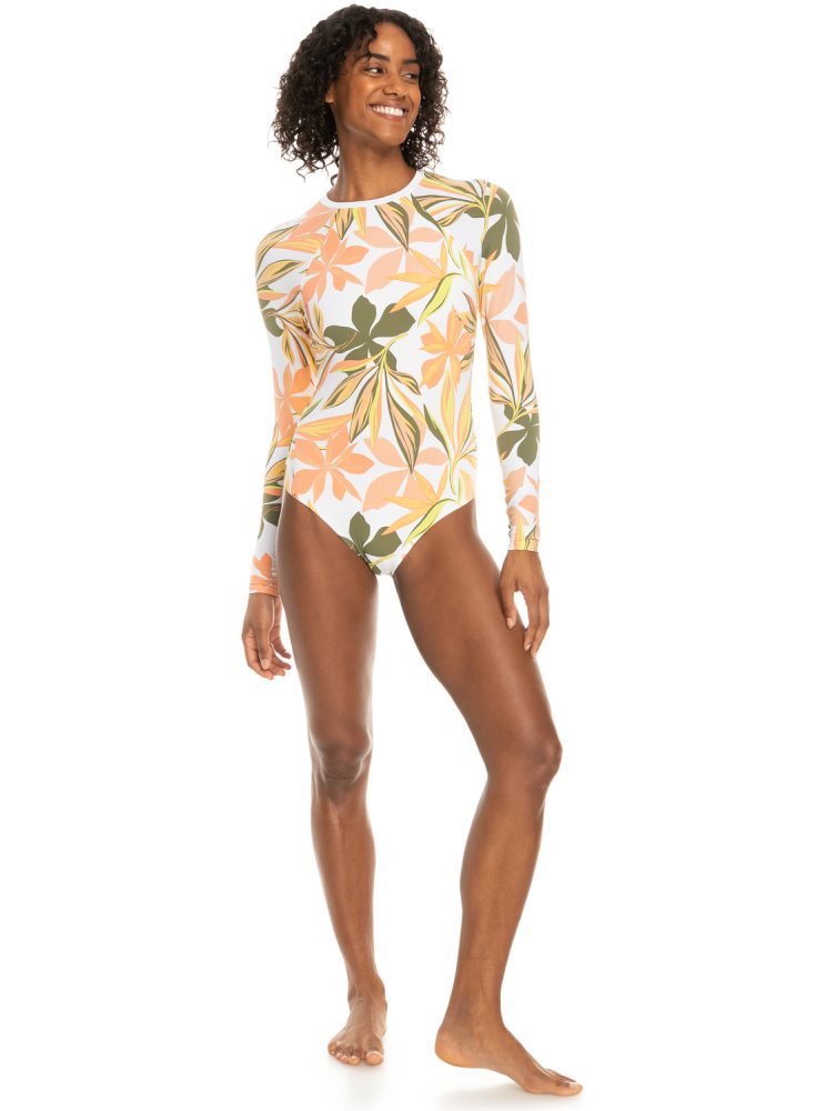 White Women's Roxy Onesie Long Sleeve One Piece Swimsuits | USA YION-85372