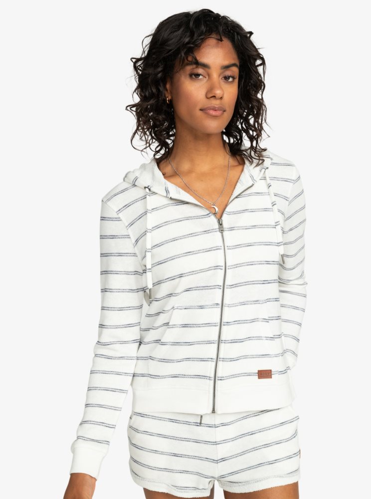 White Women\'s Roxy Perfect Wave Stripes Zip-Up Hoodie | USA UARO-31572