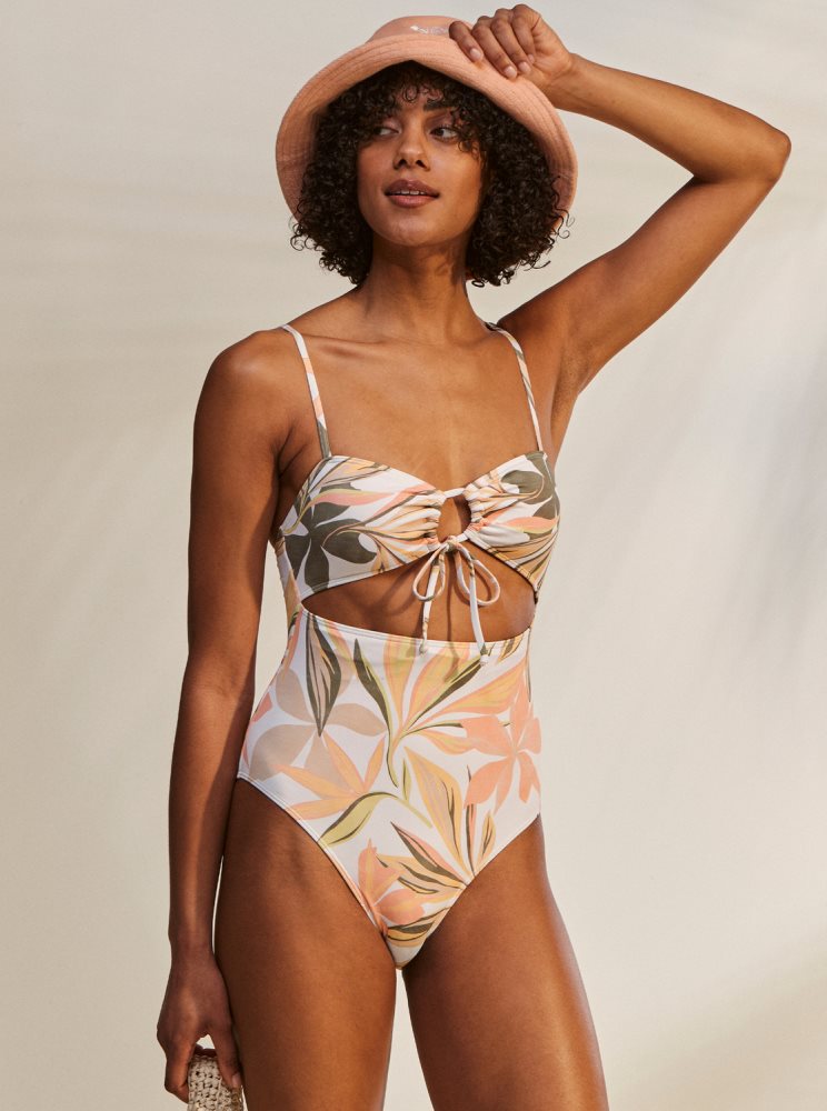 White Women's Roxy Printed Beach Classics One Piece Swimsuits | USA ZVGX-75146