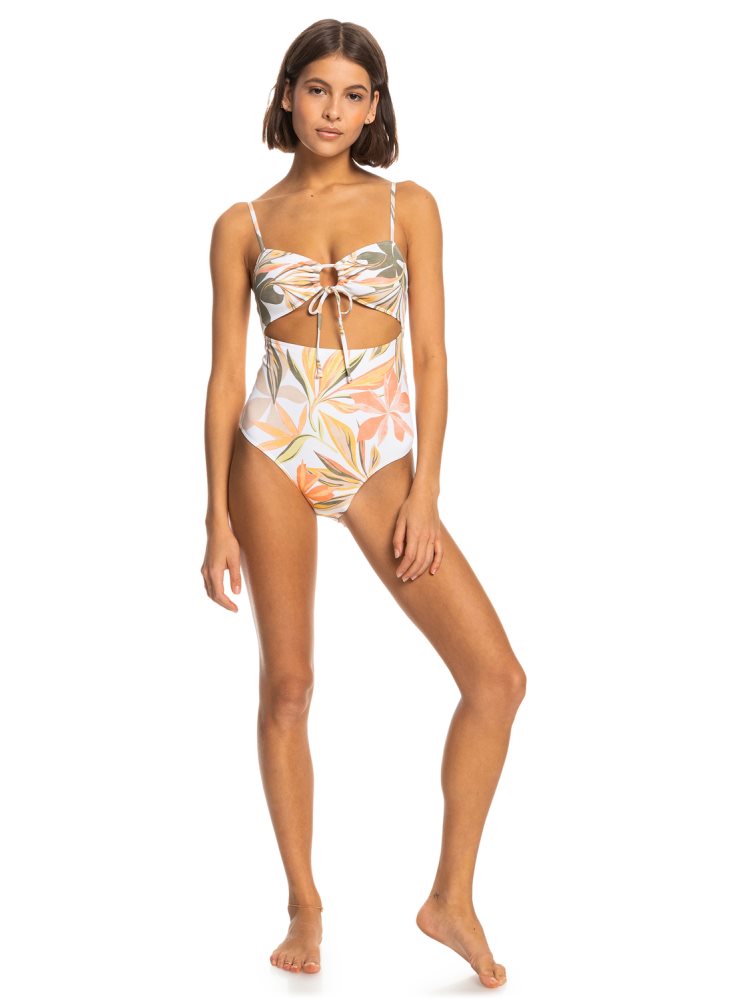 White Women's Roxy Printed Beach Classics One Piece Swimsuits | USA ZVGX-75146