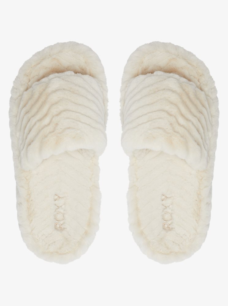 White Women's Roxy Slippy Faux Fur Slide Sandals | USA LRTW-85934