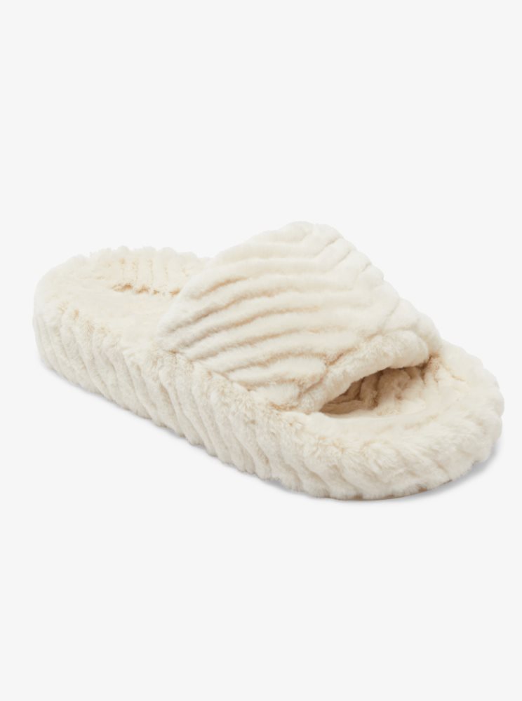 White Women's Roxy Slippy Faux Fur Slide Sandals | USA LRTW-85934