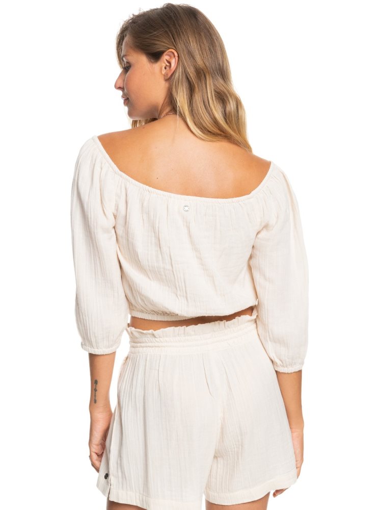 White Women's Roxy Sunny Crush Off The Shoulder Crop Tops | USA TKNR-49015