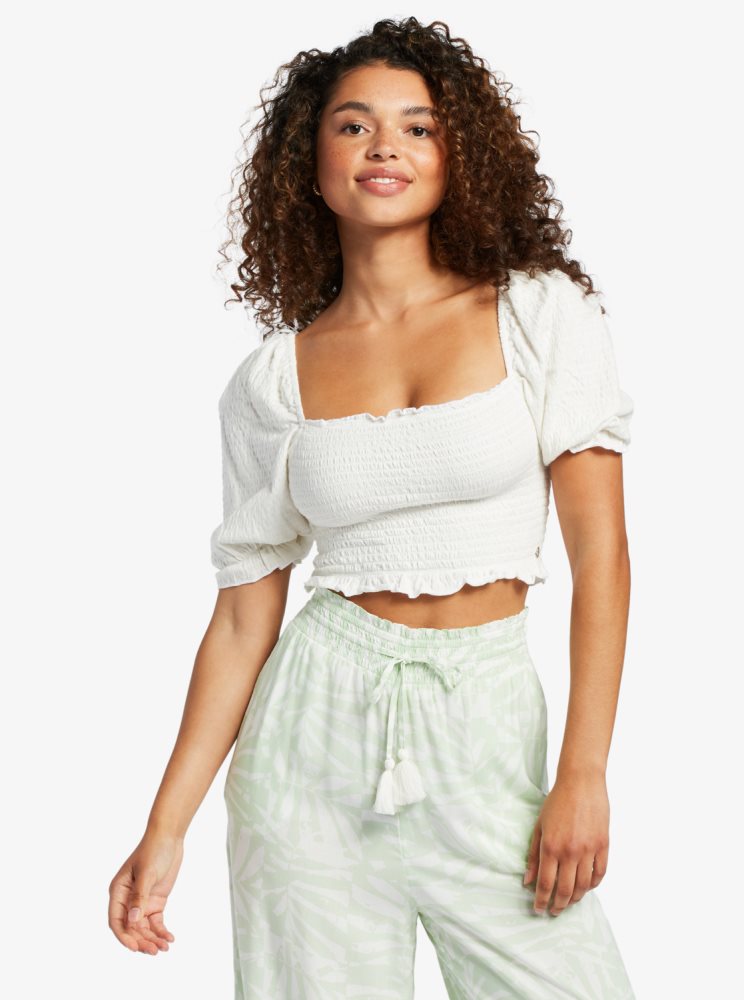 White Women's Roxy Sunset Walks Puff Sleeve Crop Tops | USA EYPS-41095