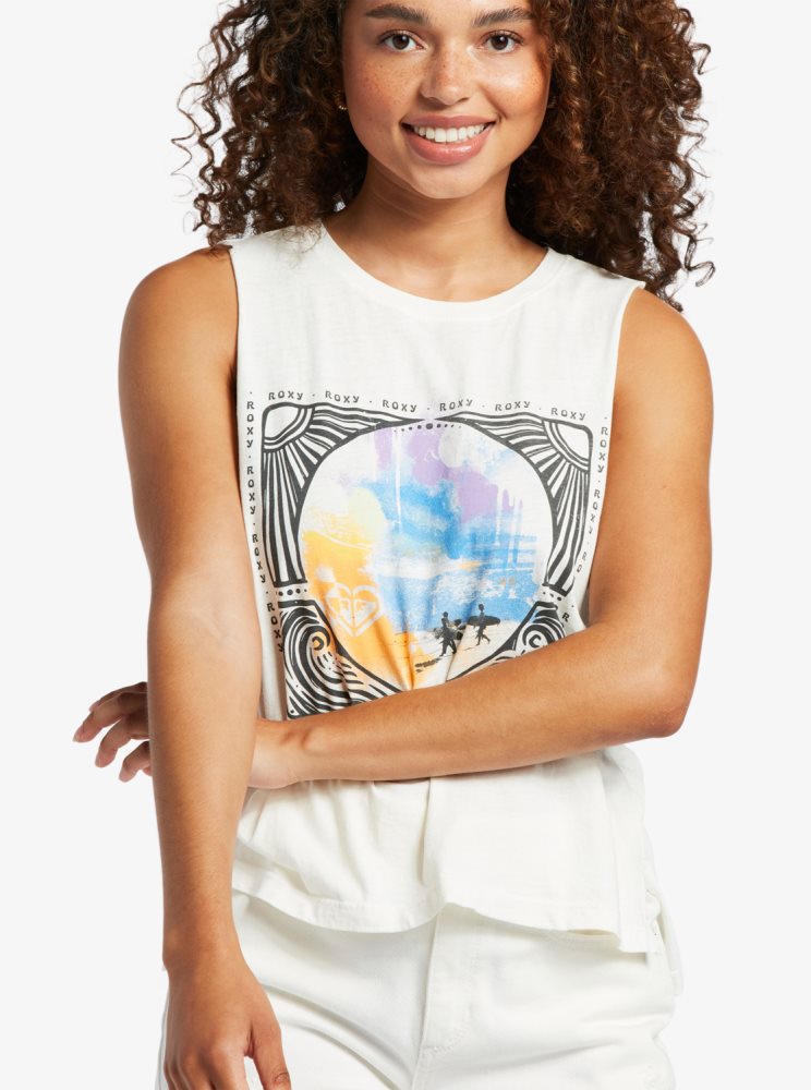 White Women's Roxy Throwback Sleeveless T Shirts | USA TONJ-80967