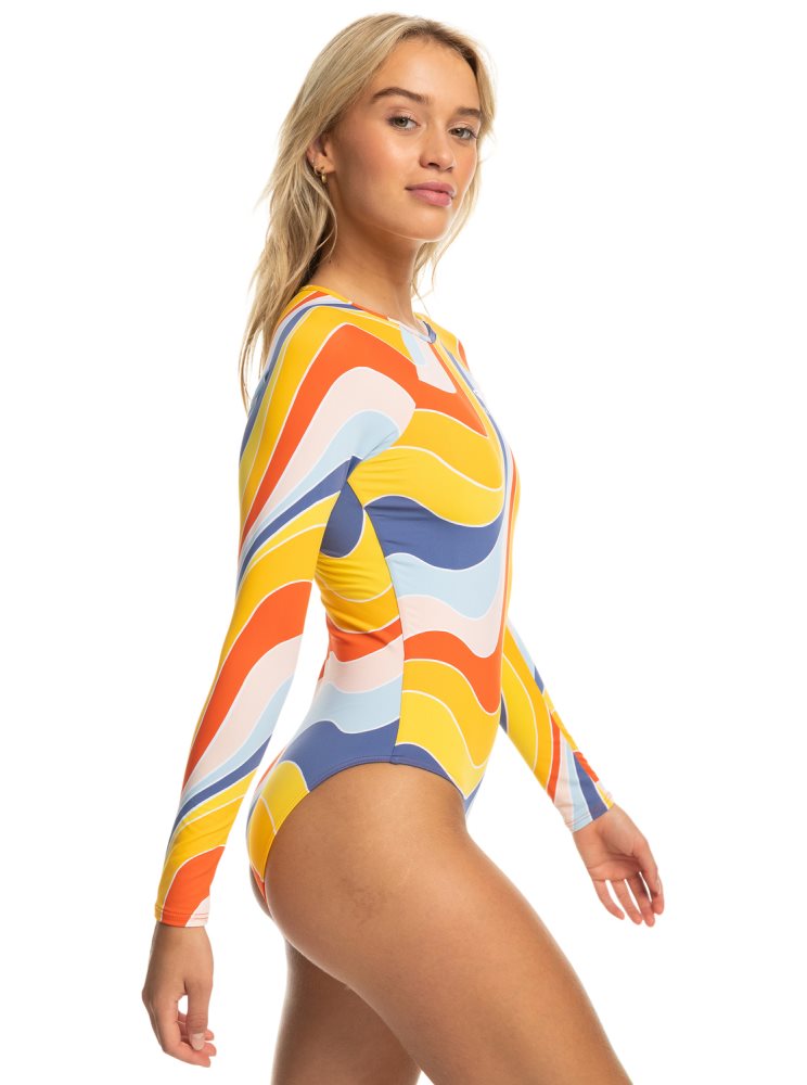 Yellow / Blue Women's Roxy Palm Cruz Long Sleeve One Piece Swimsuits | USA VAWI-10735