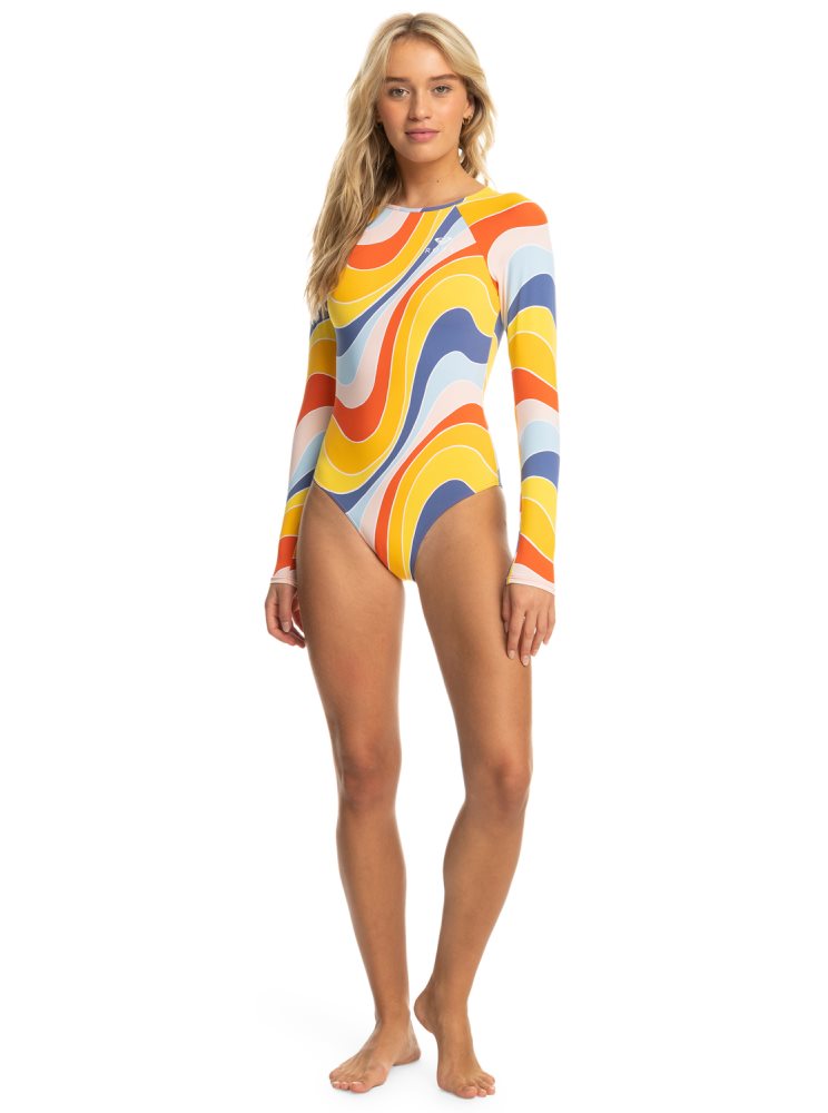 Yellow / Blue Women's Roxy Palm Cruz Long Sleeve One Piece Swimsuits | USA VAWI-10735