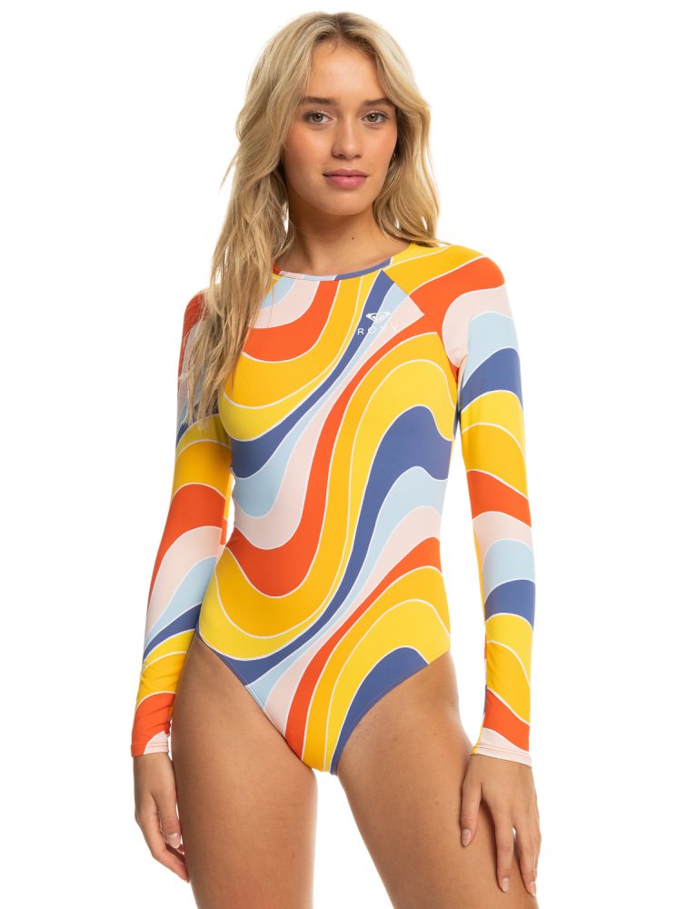 Yellow / Blue Women\'s Roxy Palm Cruz Long Sleeve One Piece Swimsuits | USA VAWI-10735