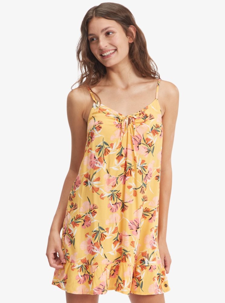 Yellow Flower Women\'s Roxy Be Right Back Strappy Dress | USA PUBS-87594