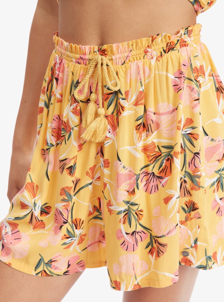 Yellow Flower Women's Roxy Happiness Awaits Beach Shorts | USA HPJM-65981