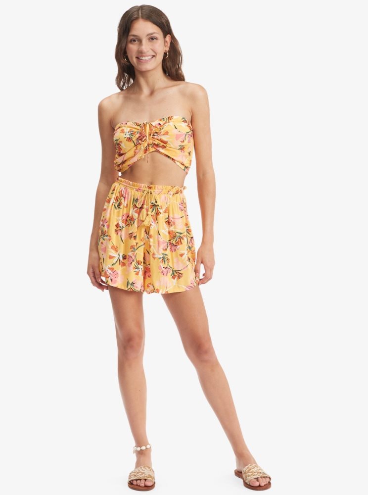 Yellow Flower Women's Roxy Happiness Awaits Beach Shorts | USA HPJM-65981