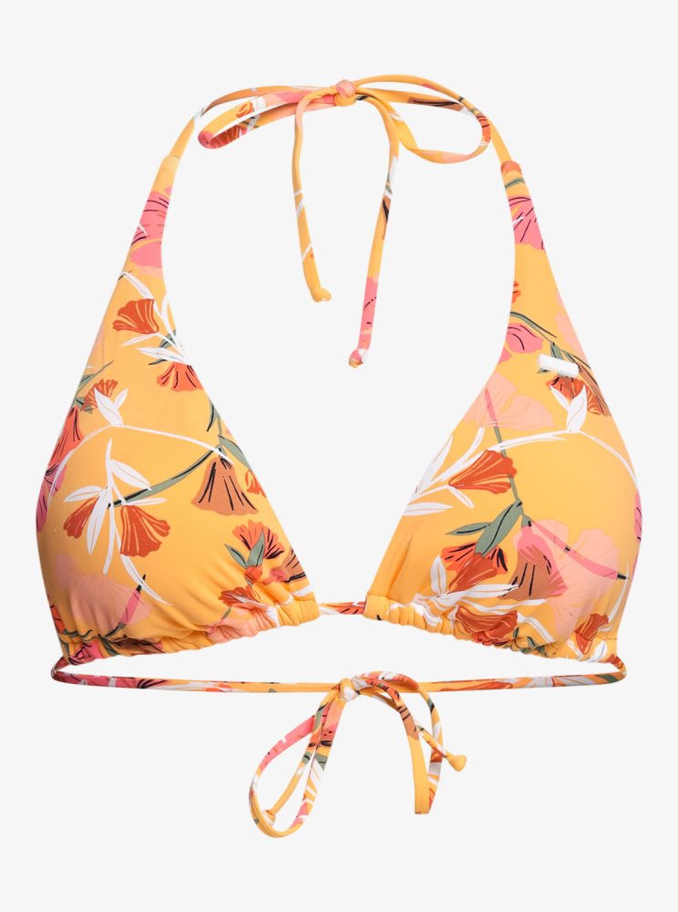 Yellow Flower Women's Roxy Printed Beach Classics Elongated Triangle Bikini Tops | USA UPRV-70684