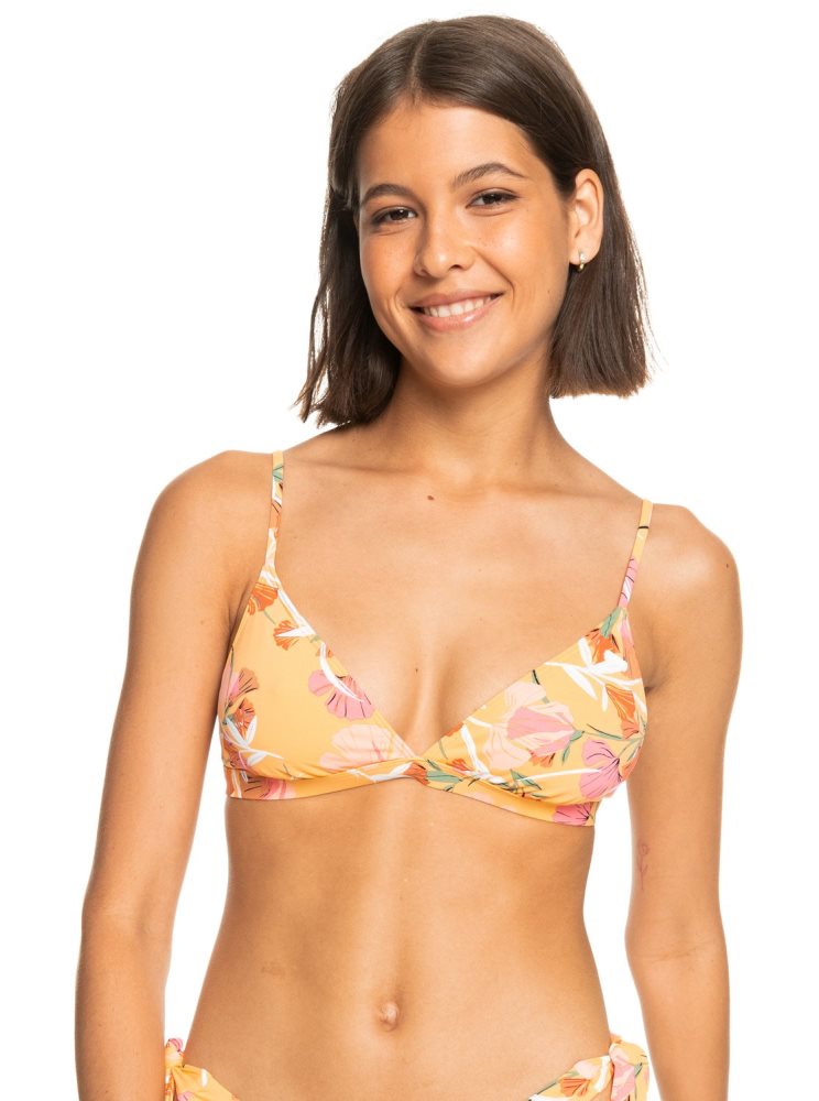 Yellow Flower Women\'s Roxy Printed Beach Classics Fixed Triangle Bikini Tops | USA XUGD-08429