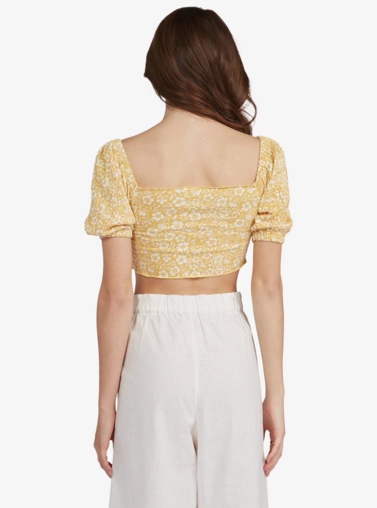 Yellow Women's Roxy Flirty Walk Cropped Puff Sleeve Tops | USA VFOM-89240