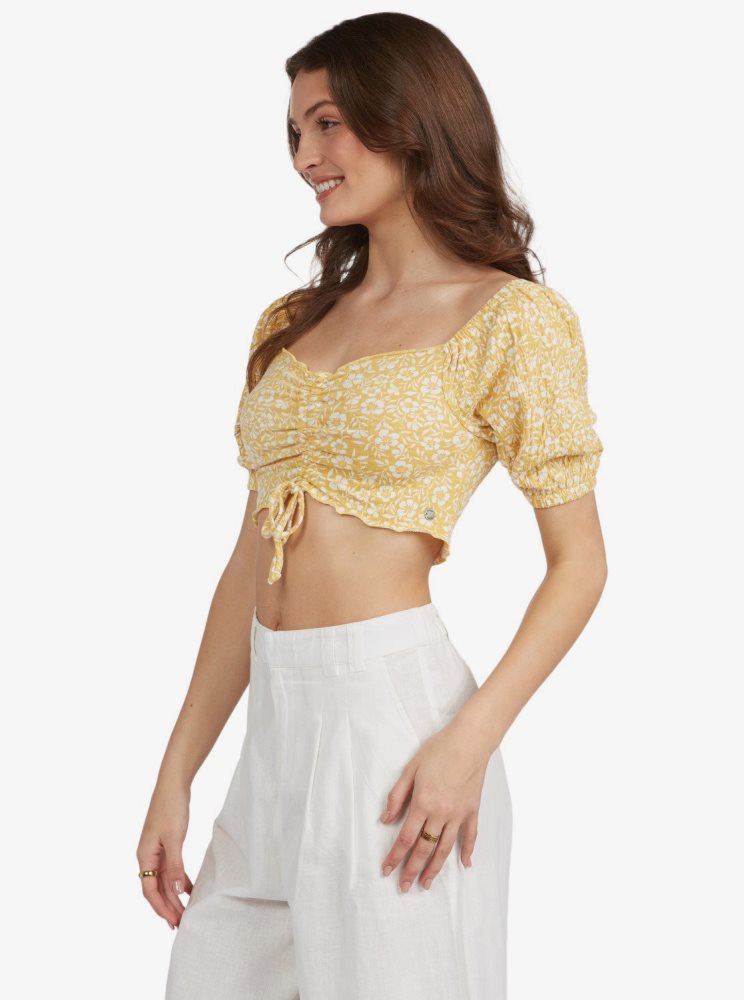 Yellow Women's Roxy Flirty Walk Cropped Puff Sleeve Tops | USA VFOM-89240