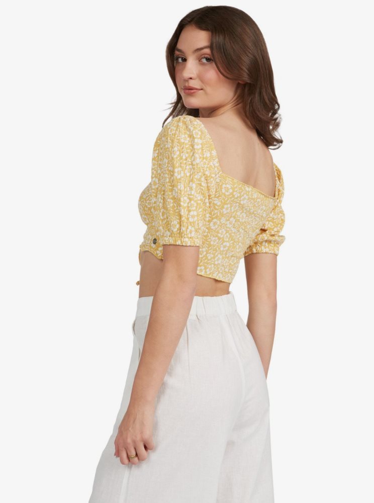 Yellow Women's Roxy Flirty Walk Cropped Puff Sleeve Tops | USA VFOM-89240