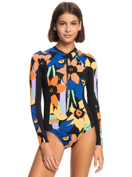 Dark Grey Flower Women's Roxy Onesie Long Sleeve One Piece Swimsuits | USA ZJIU-61095