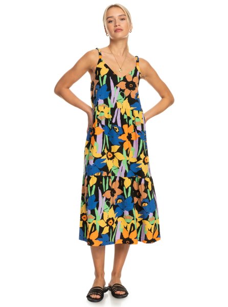 Dark Grey Flower Women's Roxy Waiting Line Printed Midi Dress | USA ADVS-69105