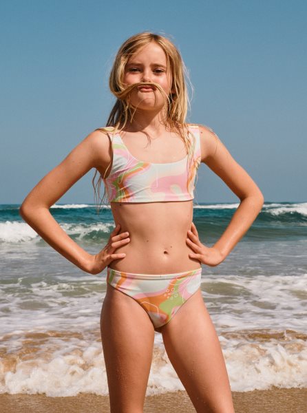 Pink Stripes Kids' Roxy 4-16 Hibiscus Reversible Two Piece Set Bikinis | USA RVKQ-64180