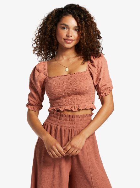 Pink Women's Roxy Sunset Walks Puff Sleeve Crop Tops | USA WBUI-18364