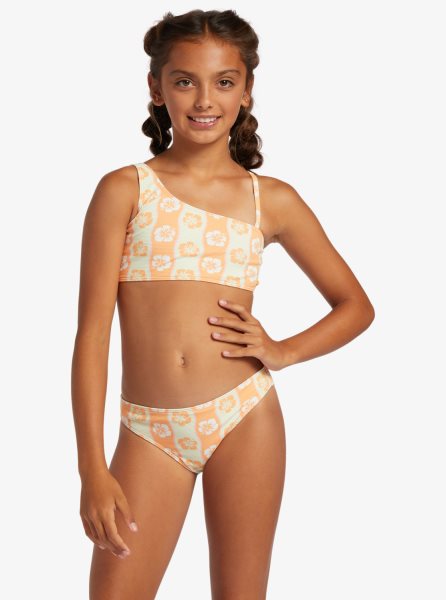 White / Khaki Kids' Roxy 4-16 Wavy Flower Two Piece Crop Top Set Bikinis | USA GPZO-96421