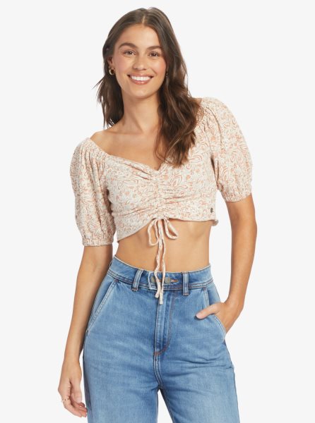 White / Pink Women's Roxy Flirty Walk Printed Ruched Crop Tops | USA AYXW-92537