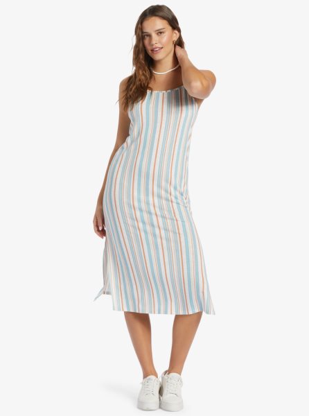 White Stripes Women's Roxy Warm Horizons Mid Length Low Back Dress | USA IXZW-12605