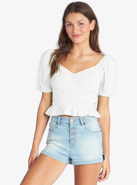 White Women's Roxy Life Mirage Woven Puff Sleeve Tops | USA URBS-76521